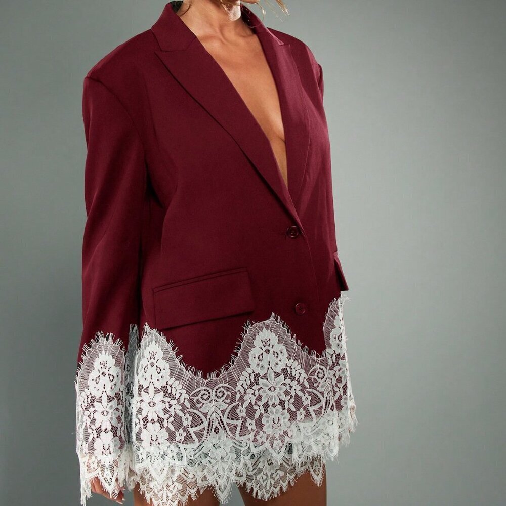 Burgundy Elegant Women's Boxy Fit Lace Trim Blazer - Picture 5 of 6